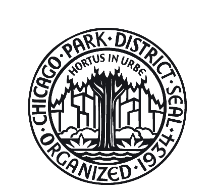 Chicago Park District seal: an outer ring lettered CHICAGO PARK DISTRICT SEAL over ORGANIZED 1934, an inner arc reading HORTUS IN URBE, and a spreading tree before a stepped skyline with water at the base