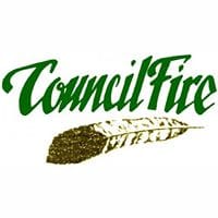 Council Fire prior mark, green calligraphic script reading CouncilFire above a speckled gold and olive feather
