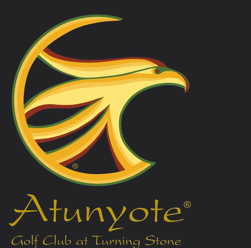 Atunyote crest circa 2010, a gold and yellow eagle head shadowed in dark red and outlined in green, with a registered trademark symbol, above the name and the line Golf Club at Turning Stone