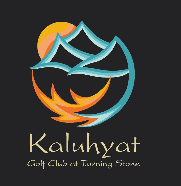 Kaluhyat crest in full color, an orange sun behind blue and white peaks closed into a circle, above the name and the line Golf Club at Turning Stone