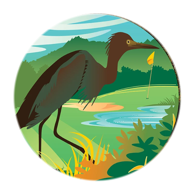 Pleasant Knolls mark, a full-color painted roundel of a great blue heron in a marsh with a green and flagstick behind