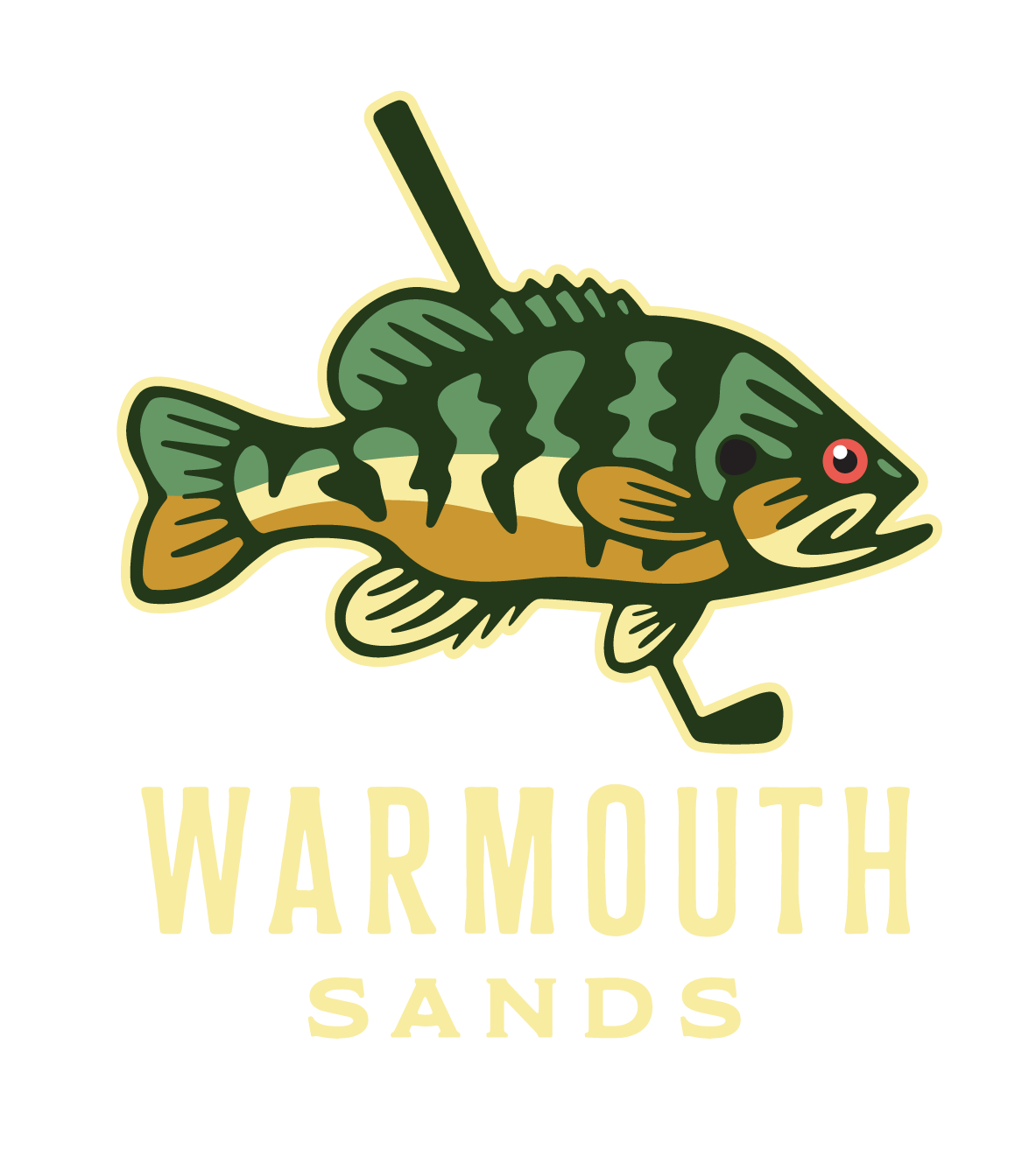 Warmouth Sands stacked lockup, a green and ochre warmouth above the words WARMOUTH and SANDS in cream capitals