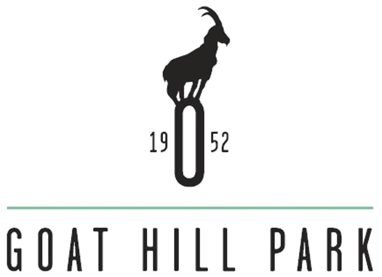 Goat Hill Park mark, a black goat standing on a tall condensed letter O flanked by 19 and 52, above a mint green rule and GOAT HILL PARK in letterspaced capitals